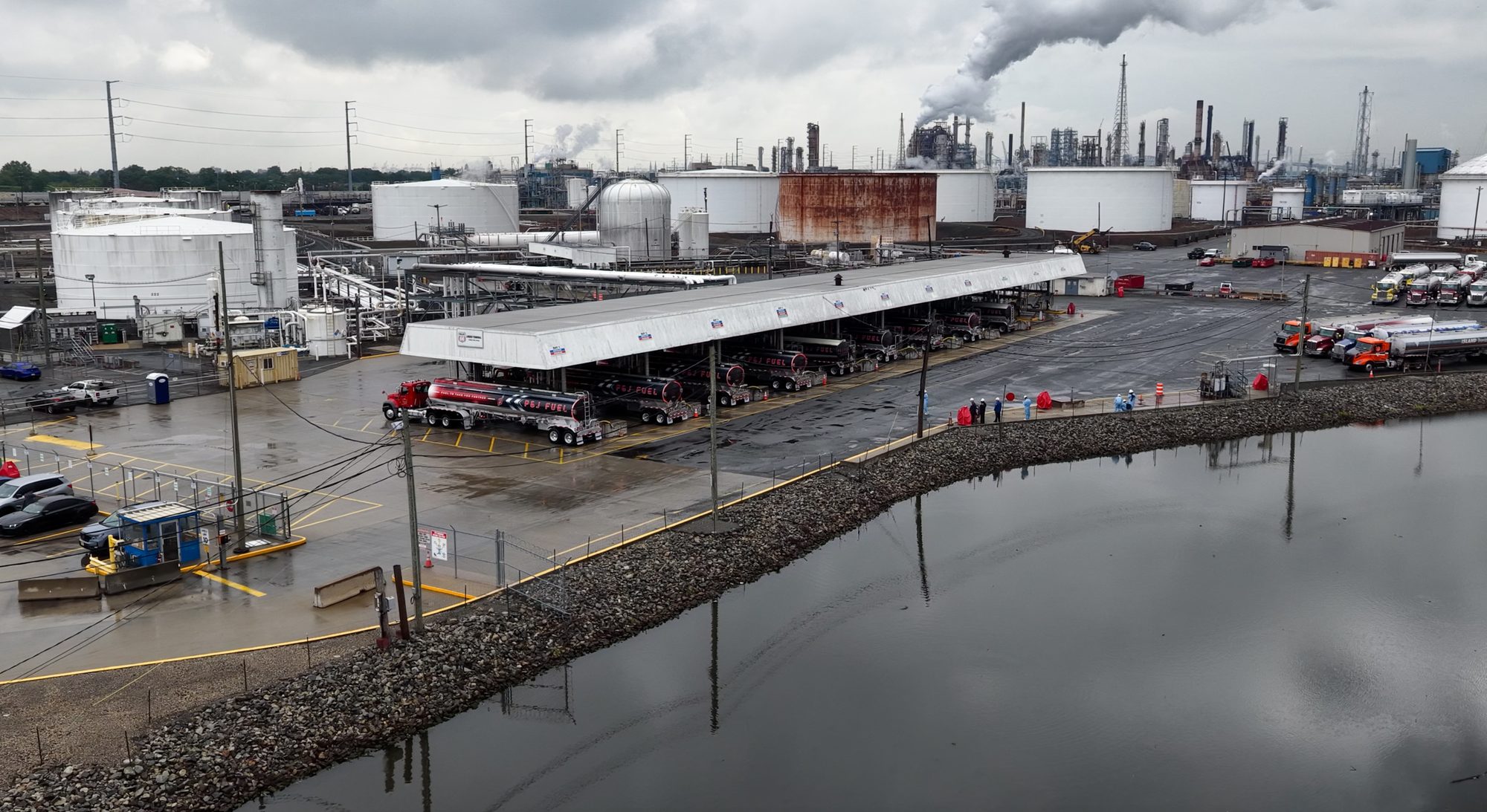Aerial view of P&J Fuel tankers loading at a New Jersey petroleum terminal